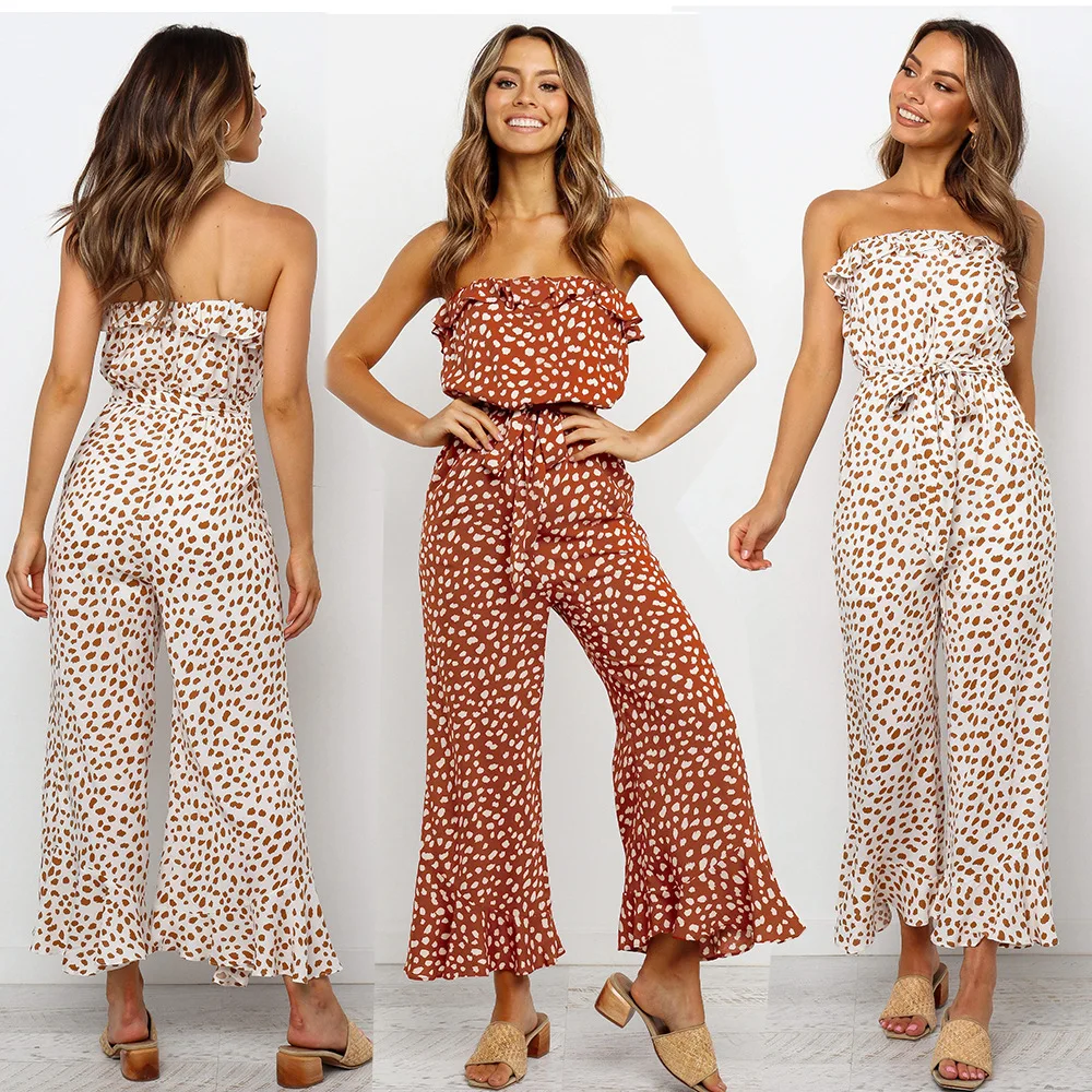 

Women Fashion Print Lacing Up Jumpsuits Loose Strapless Bandage Jumpsuits