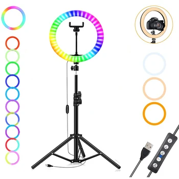 

10 inch RGB Led Ring Fill Light With Tripod Mobile Phone Holder Lamp For Live Video Photography Colorful Selfie Lighting 26cm