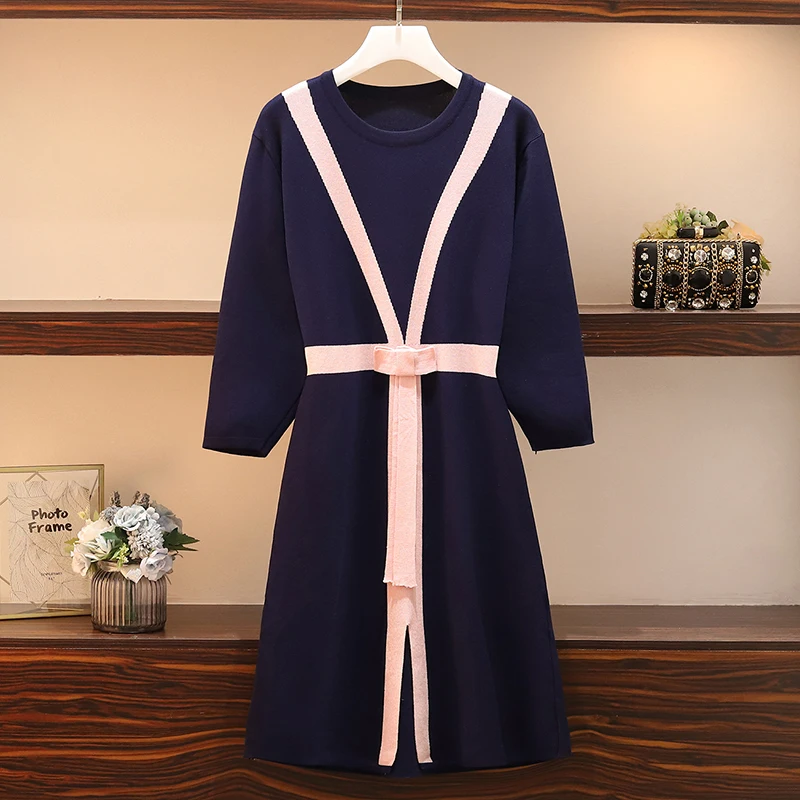 

The New Korean Version Of The Autumn Dress Of 2019 Is A Slim Knitted Dress With Large Size And Slight Fat Mm Stitching Temperame