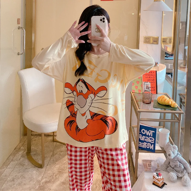 Pajam Cartoon Mickey Minnie Duck Tigger Pajamas Women Spring Autumn Long Sleeve Student Cute Loose Pajamas 2pcs Suit 4