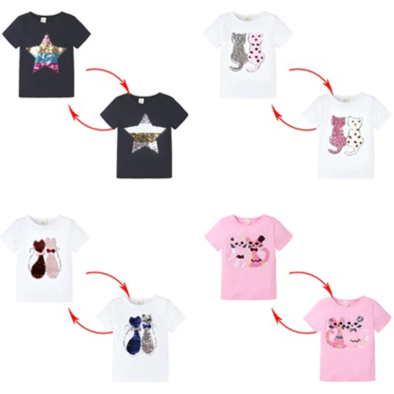 

2-8T Princess Anna Elsa Cute Baby Girls T Shirt Cotton Double-Sided Pattern Sequin Clothes Cartoon O-neck Tops Star Boys T-shirt