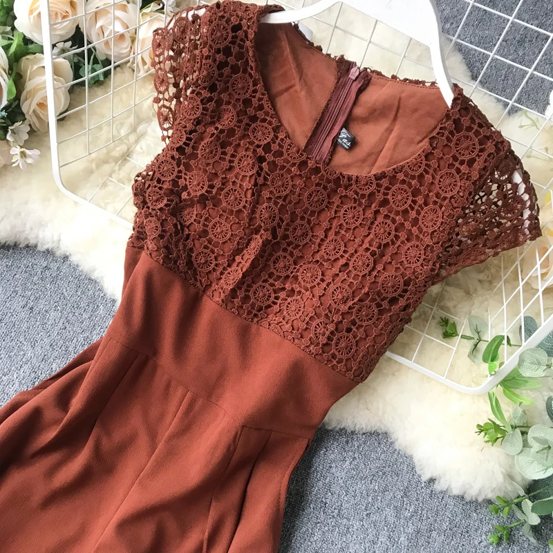 Foamlina элегантные длинные штаны женщина сексуальный выдалбливают кружева комбинезон лоскутный o-образным вырезом короткий рукав широкие ноги повседневные Длинные Комбинезоны