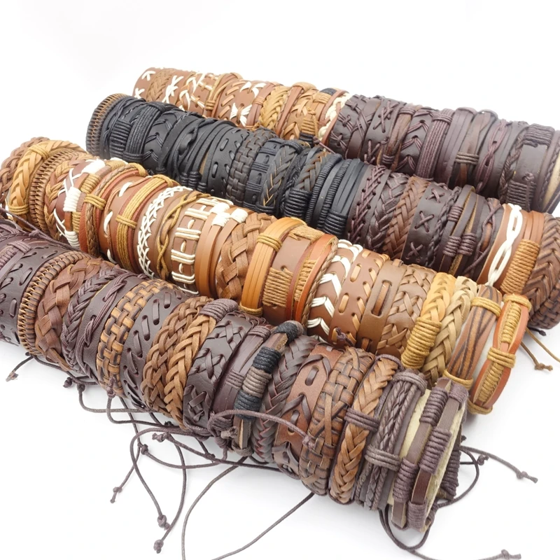 50PCs Cuff Bracelets For Men Women Mix Styles Handmade Leather Fashion Jewelry Party Gift Resizable Box Packed bangle bracelet leather bracelet leather bracelets