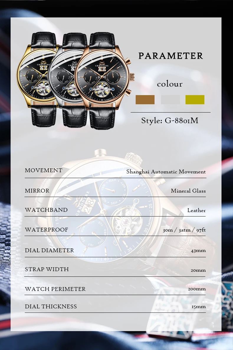 GRMONTRE 2020 watch for men mechanical watch male  automatic tourbillon waterproof mens watch calendar Date Relogio Masculino
