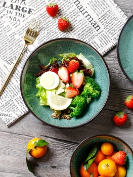 

Nordic Style Tableware Kiln Changed To Malachite Green Creative Ceramic Western Steak Steak Fruit Plate Home Round Salad Bowl