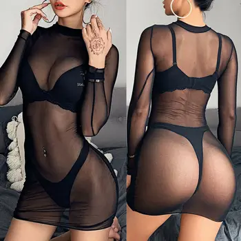 

Sexy Women Mesh Sheer Bikini Evening Cocktail Party Cover Up Swimwear Bathing Suit Beach Short Mini Dress Clubwear Sundress Swim