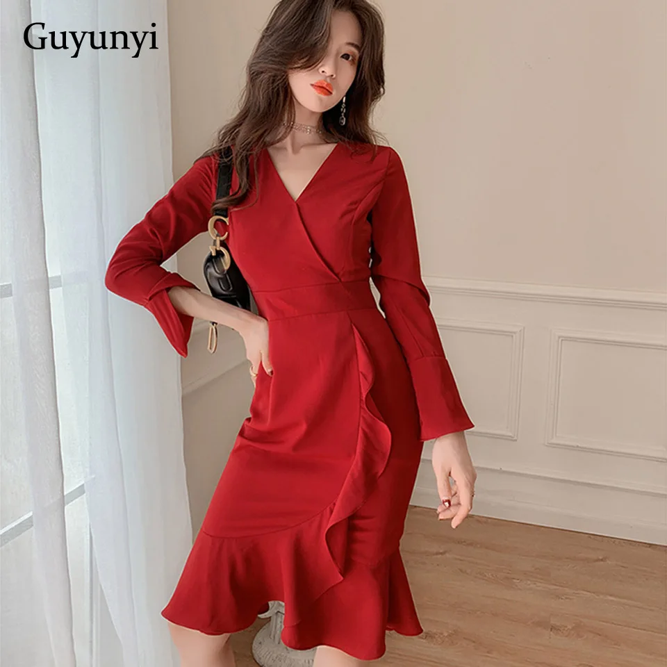 

Red Elegant Office Lady Dress 2019 Autumn V-Neck Long Sleeve Simple Decorative Ruffle High Waist Slim Party Dress Women