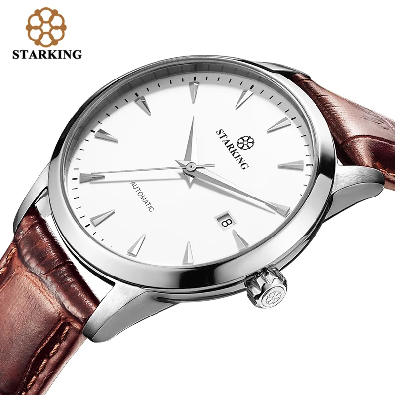 STARKING lovers Leather Strap Automatic Stainless Steel Watches for Lovers Men Women Fashion Dress Wristwatches Hodinky 2