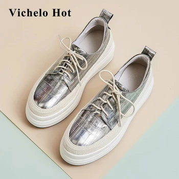 

Vichelo Hot large size full grain leather gingham high quality round toe lace up vulcanized shoes beauty lady dress women L9f5