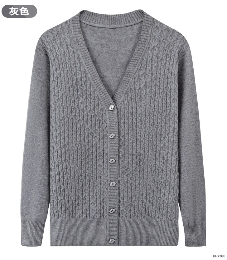 UHYTGF Elegant Mother Spring Autumn Sweater Jacket Single-Breasted Knitted Cardigan For Women Fashion V-Neck Loose Size Coat1447