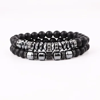 JARAVVI Natural Stone CZ Pave Charm Matte Onyx Elastic Beads Bracelet Set Men Jewelry Gift