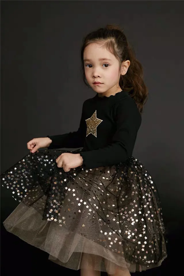Осенне-зимнее платье для маленьких девочек платье принцессы с длинными рукавами платье трапециевидной формы с блестками и буквенным принтом для маленьких девочек, LZ215 - Цвет: star black
