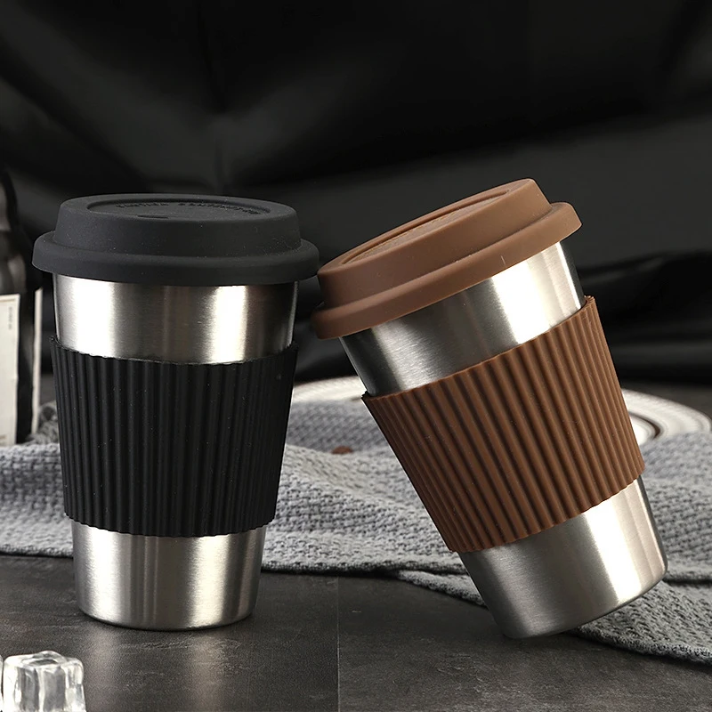 500 мл кофейная кружка для путешествий, креативная с силиконовой крышкой, чашки и кружки из нержавеющей стали для чая, молока, напитков, пивная кружка, черный+ серебристый