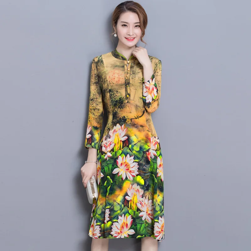 

2018 Spring And Summer New Style South Korea Real Silk Printed Retro Slimming Mulberry Silk Dress