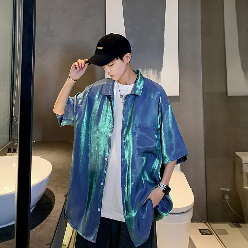 Mens Sweatshirt Holographic Shirt Short Sleeve Summer Thin Sunproof Loose Reflective Hip Hop Tops Male Punk Party Club Blouse