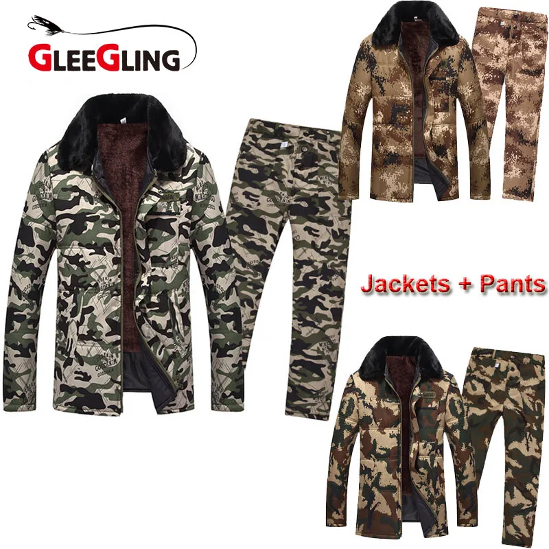 GLEEGLING Мужская зимняя рыболовная Джерси, флисовая тактическая куртка, пальто, штаны, костюм для рыбалки, кемпинга, охоты, пешего туризма, камуфляжный комплект