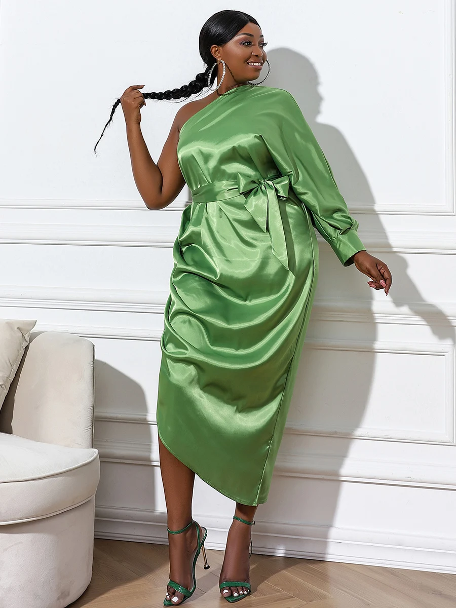 Missord 2022 Women Plus Size Dresses Belt Stretch Satin