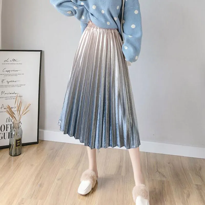 Women Skirts Korean Long Pleated Skirts High Waist Sweet Preppy Casual Skirts Gradient Color Gold Velvet Skirt NEW!