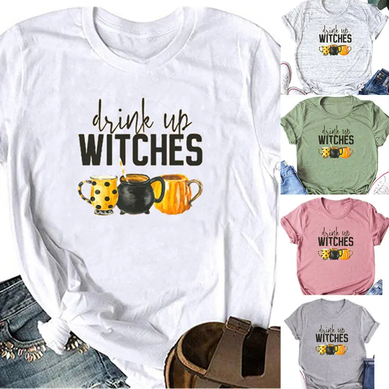 

Women Drink Up Witches Tee Short Sleeve Top Trendy Floral Funny Streetwear Ladies Casual Soft Aesthetic Slogan Summer T-Shirt