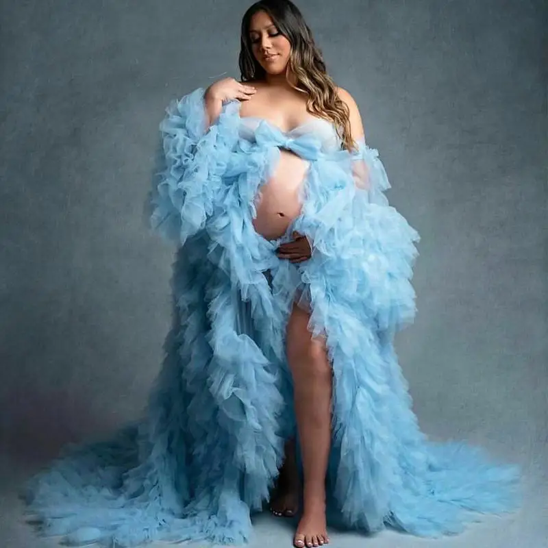 

Puffy Sky Blue Pregnant Women Prom Dress Sexy Photograph Robes Sleepwear Ruffles Robe Tiered Gown Bathrobe Nightdress Femme