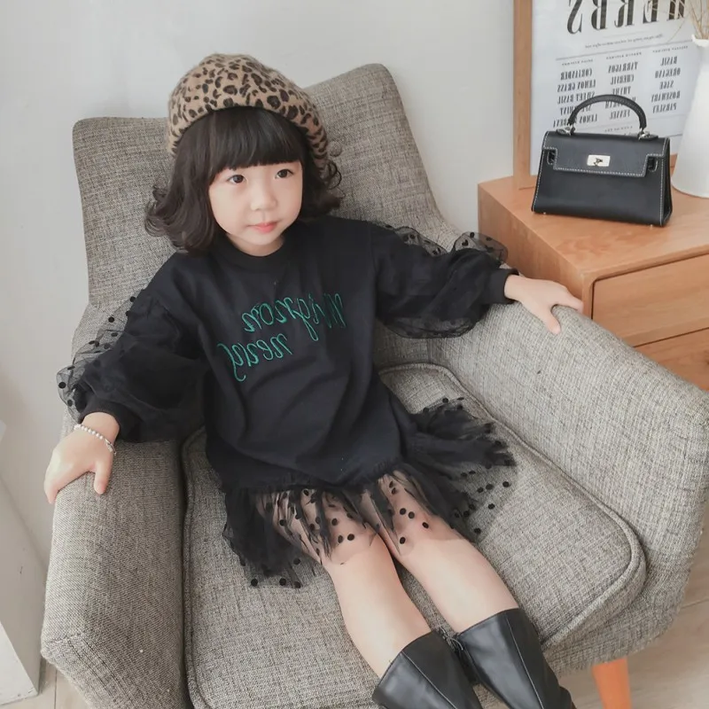 

Spring Autumn Girls Cute Dot Dress Kids Embroidered Mesh Stitching Round Collar Princess Long-Sleeve Sweet Dress