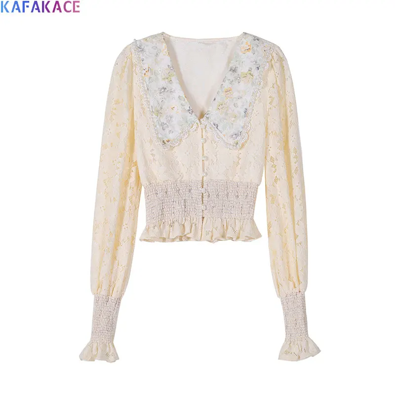 

KAFAKACE 2020 Lace Blouses Tumblr Design Shirts Women Tops V Collar Flower Printed Sexy Slim Office Lady Shirts New Blouses