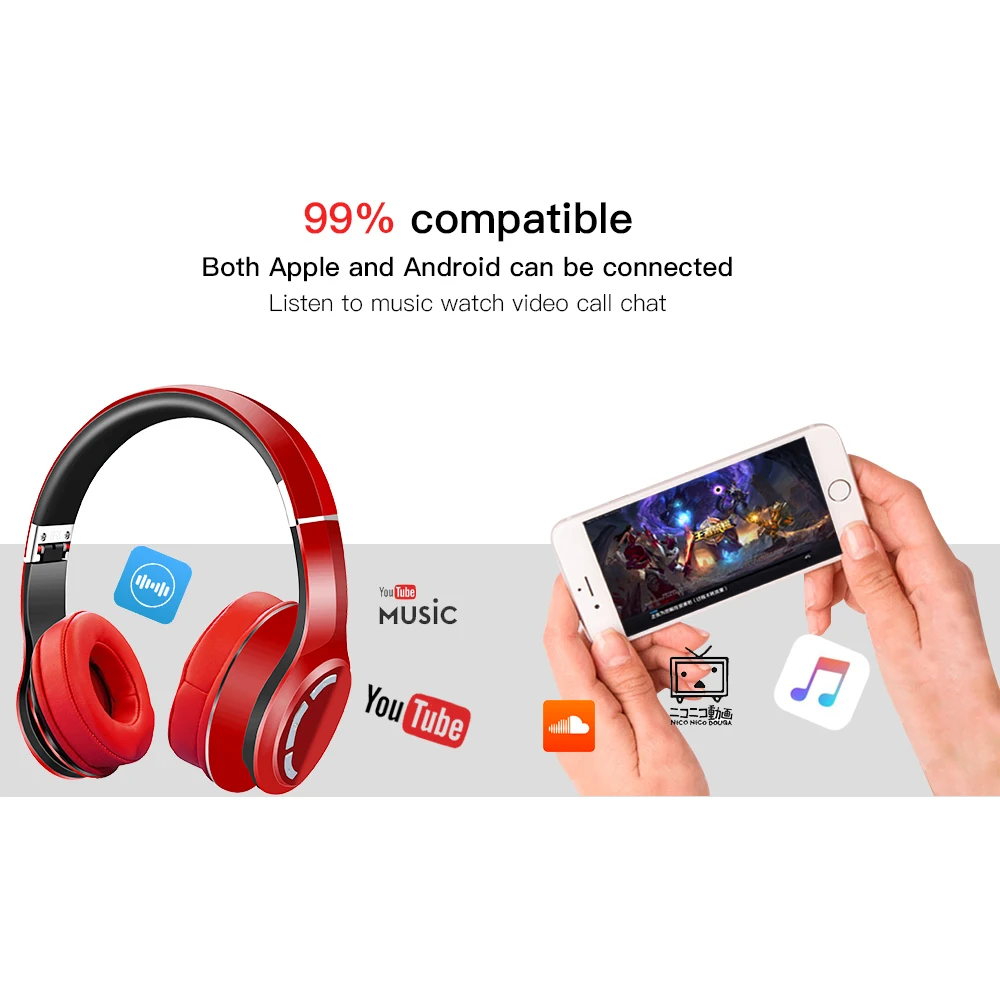 New Bluetooth 5 0 Wireless Foldable Headphones Headset Stereo Sports Portable Audio Video Wireless Headphones Support SD Card