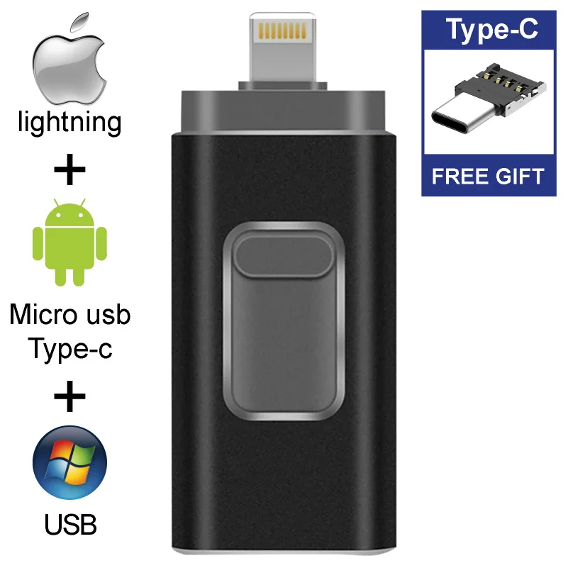 Бесплатный Тип C адаптер USB флэш-накопитель 64 ГБ для iPhone X 8 7 6 6s 32 Гб 16 Гб 8 Гб OTG USB флешка для iOS USB флэш-накопитель 128G - Цвет: Black Type-C