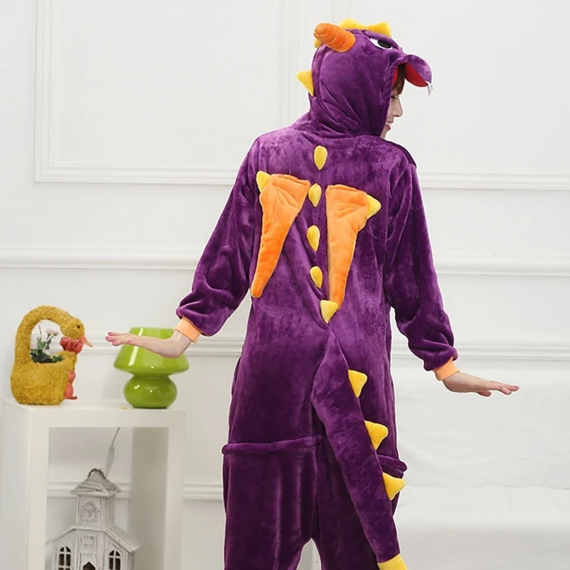Для взрослых кигуруми Onesie аниме женский костюм фиолетовый дракон Хэллоуин косплей мультфильм животных пижамы зима теплая Пижама с капюшоном