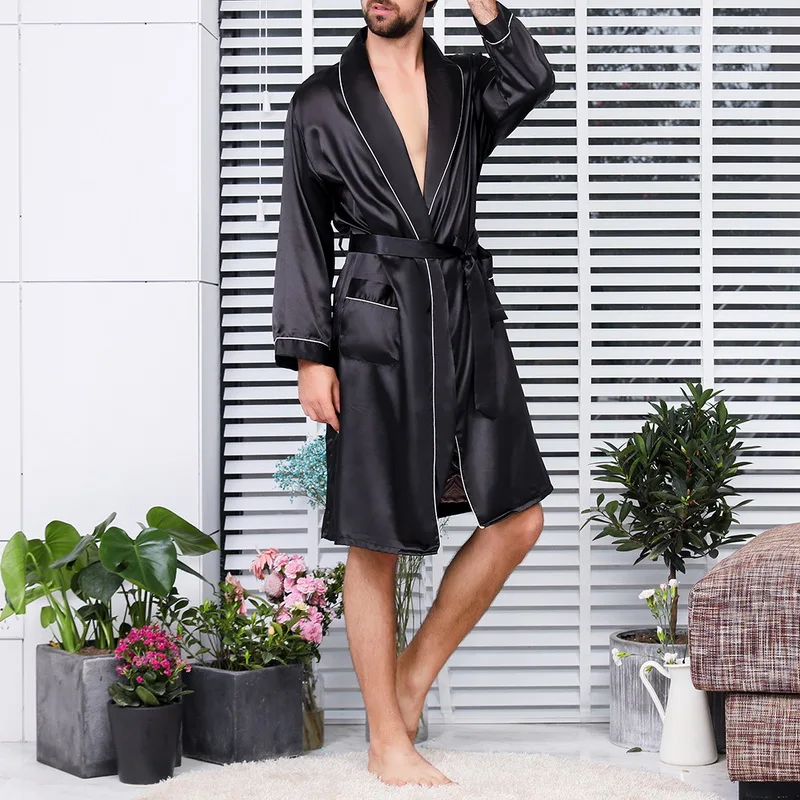 Mens Kimono Bathrobe Silk Satin Pajama Sleepwear Night Gown Robes Long Sleeve Solid Comfort Noble Dressing Gown Men Sleep Robes cotton pajama pants