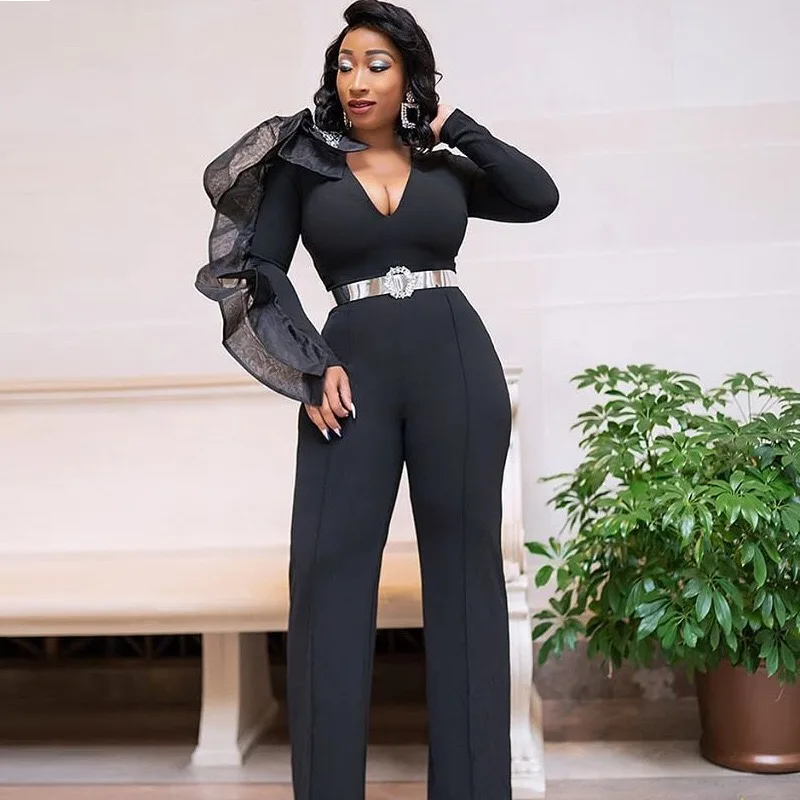 

Sexy Black Long Jumpsuits Women Long Sleeve V Neck Plain Skinny 2020 Autumn Slim Office Work Business Jumpsuits Party Romper New