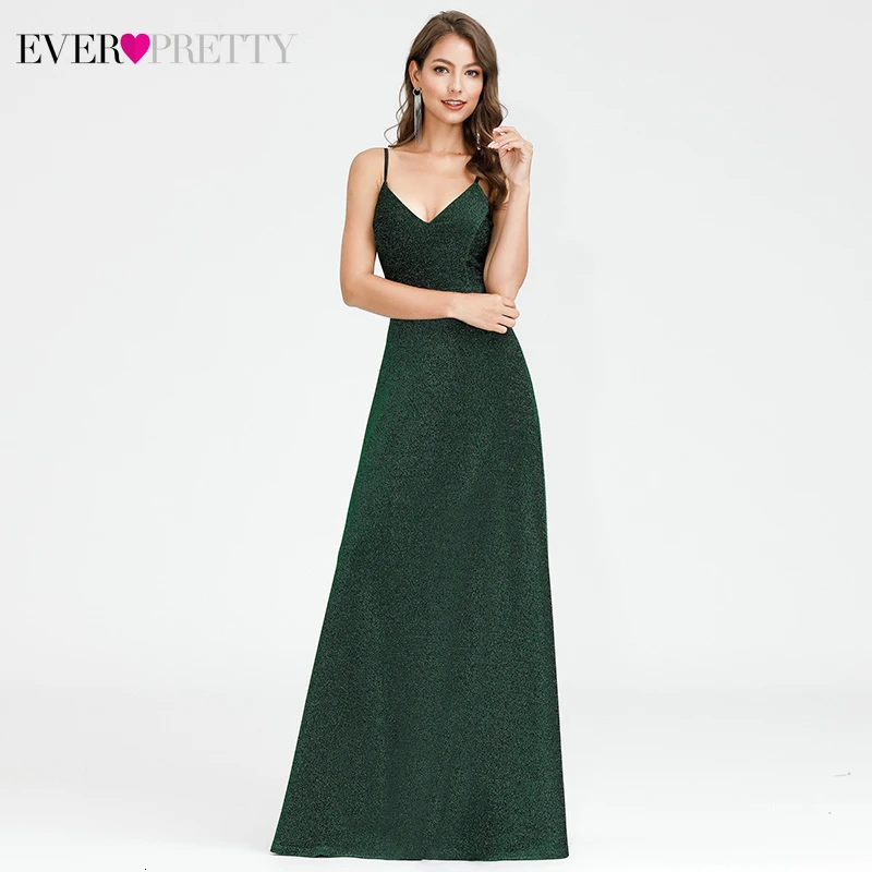 

Sexy Dark Green Evening Dresses Ever Pretty A-Line Deep V-Neck Spaghetti Straps Stretchy Simple Party Gowns Robe De Soiree 2019