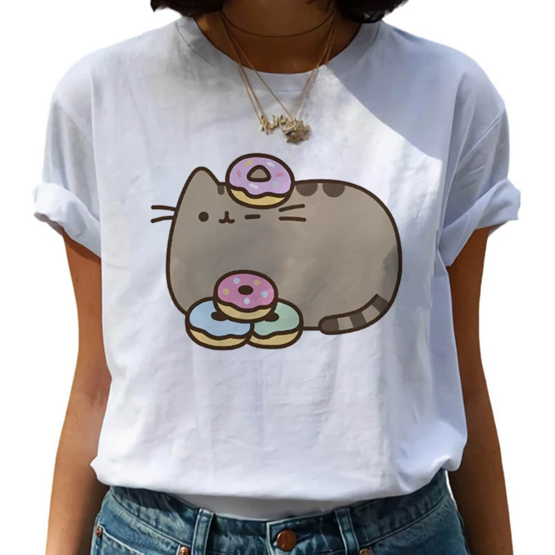 Kawaii Pusheen Harajuku футболка Женская милая кошка забавная мультяшная футболка Ullzang 90s футболка "Аниме" Модный корейский стиль Топ Футболка женская - Цвет: 8789