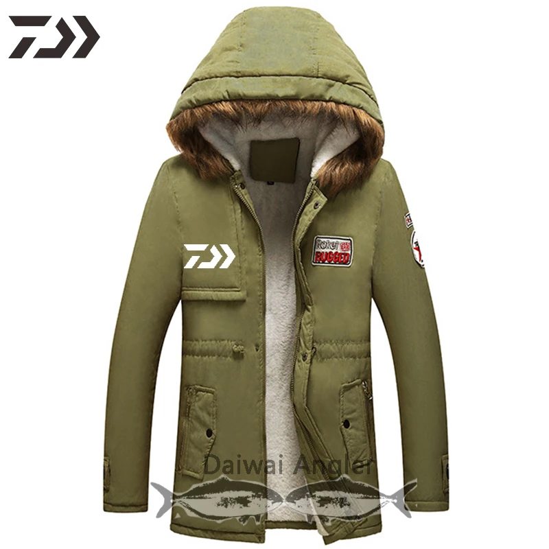 Daiwa Thick Cotton Fishing Jacket Men Windproof Thermal Hiking Fish Clothes Print Hooded Zipper Camping Outdoor Clothing
