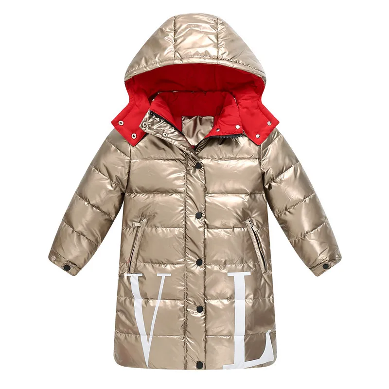 Теплые белые куртки-пуховики на утином пуху для русской зимы, на 30 градусов Водонепроницаемая пуховая верхняя одежда с капюшоном для мальчиков, пальто детская Глянцевая куртка