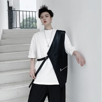 

Men's Half Design Ribbon Metal Buckle Solid Color Leather Vest Coat Male Streetwear Hip Hop Motorcycle Sleeveless Jacket
