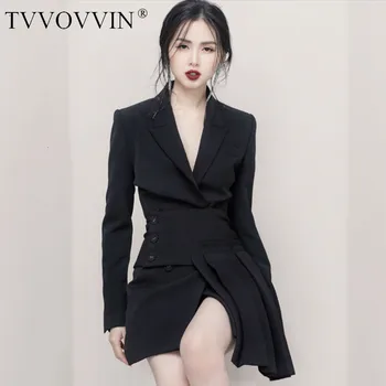 

TVVOVVIN Long Sleeve Double-breasted Waist Stitching Pleats Irregular Ladies Office Blazer Dress Femme Fashion 2019 Autumn X270