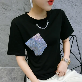 

2020 New Summer Casual Loose Korean Clothes Diamonds Chain T-shirt Women Cotton Short Sleeve Tops Ropa Mujer Shirt Tees T02421