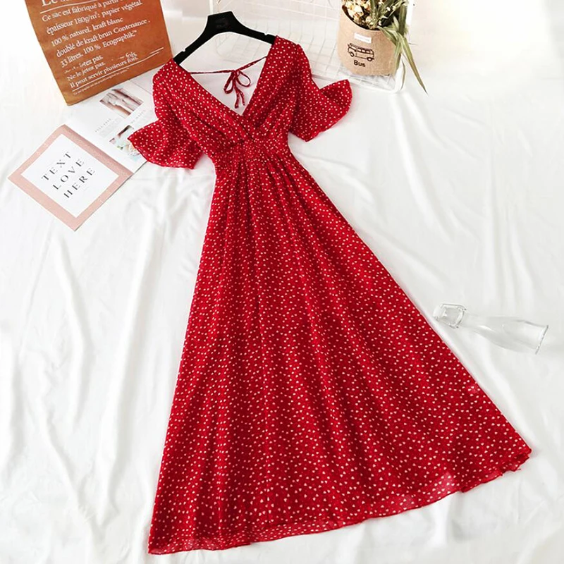 Long Dress Short-Sleeve V-Neck Vestidos Party Floral Chiffon Ruffle Boho Sexy Elegant Women