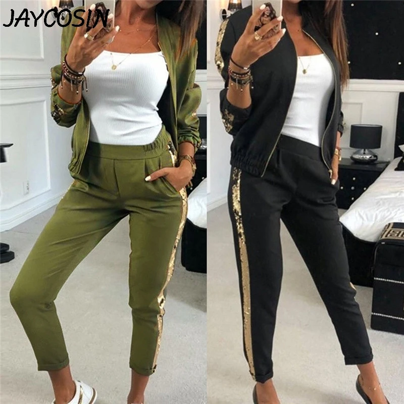 JAYCOSIN спортивный костюм для женщин с длинным рукавом блестками вышивка на молнии