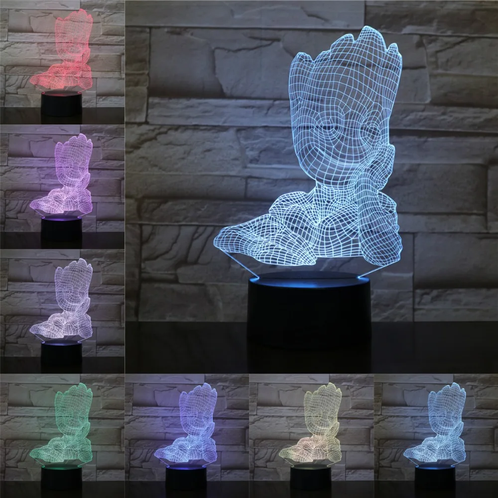 Мультфильм Groot 3D Светодиодная лампа USB лампа 7 цветов ночник для дома спальня настольная Современная креативная лампа акриловая пластина сенсорная дистанционная база