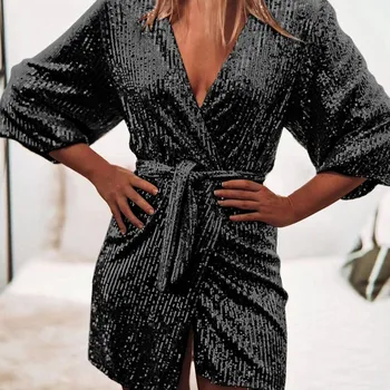

Women Mini Dress Nude Sexy Sequined Club Dress V Neck Sashes Silver Shining Slim Ladies Evening Party Dress #L30