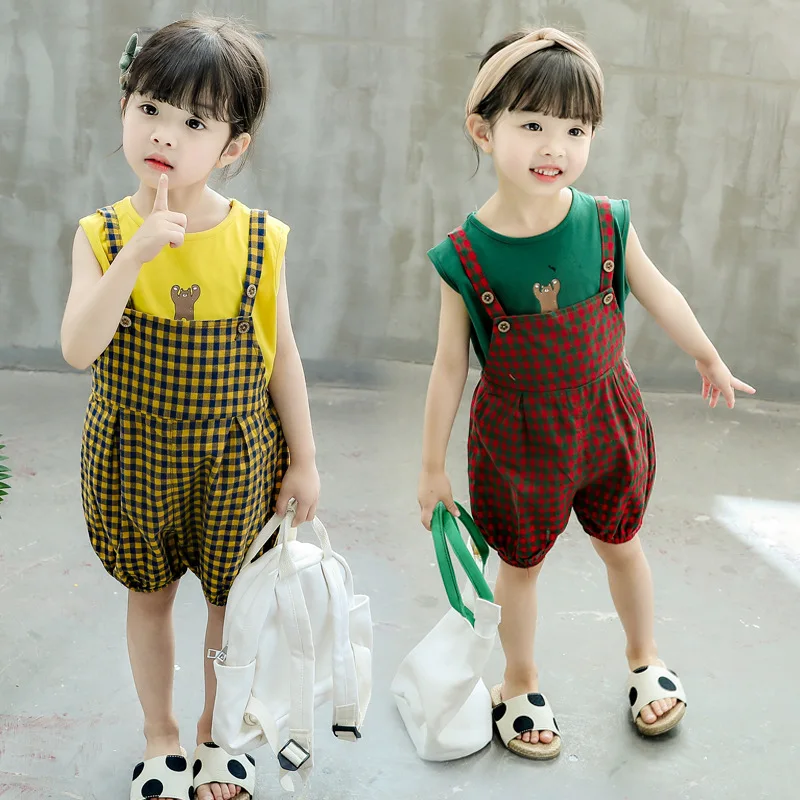 

Baby Summer Wear Girls' Overalls Set 2019 Summer Childrenswear Children Checkered Two-Piece Set