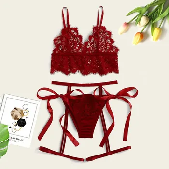 

CHAMSGEND 3 PCS New Women Sexy Lace Bra Bowknot Briefs With Garter Red Perspective Lingerie Set S-XL Lace Lingerie Bra Set F623