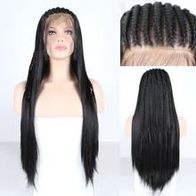 RONGDUOYI 13x6 Высокая температура волокна волос синтетический парик фронта шнурка длинные черные плетеные коробки косы передние парики шнурка для женщин