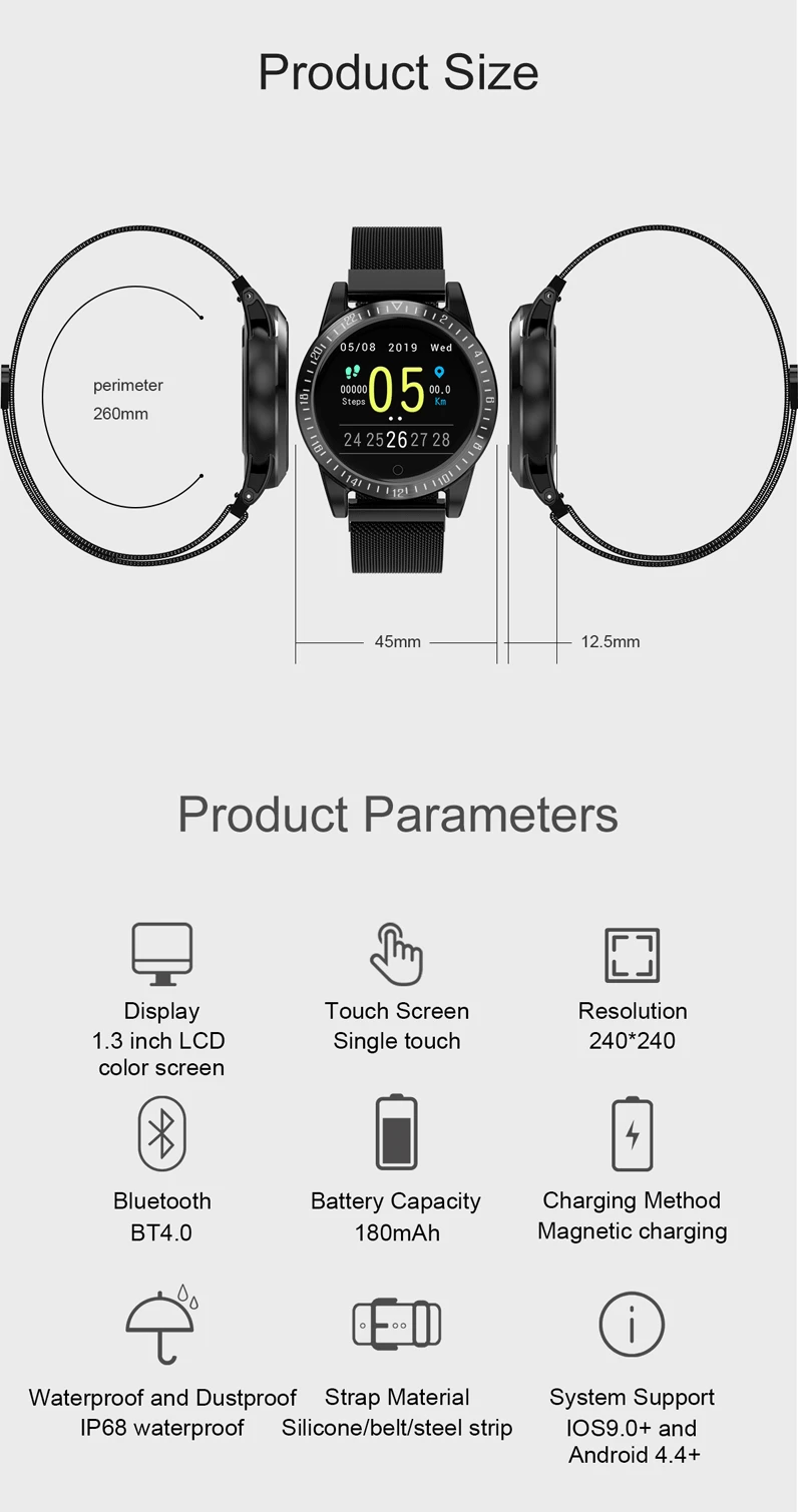 Смарт-часы с сенсорным экраном IP68 Водонепроницаемые мужские и женские Смарт-часы Секундомер Монитор сердечного ритма спортивный браслет для фитнеса