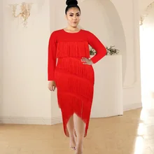 Party Dresses Women Evening Elegant Long Sleeve O Neck Tassels Dress Irregular Length African Birthday Bodycon Fringe Dress 2022