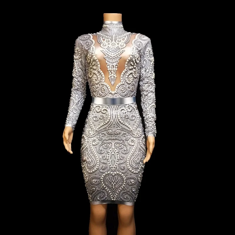 

Long Sleeve Dress Sexy Clothing Sparkly Rhinestone Pearl Women Party Female Singer Dance Costume Birthday Club Outfit Hot Sale