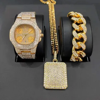 

Luxury Men Gold Color Watch & Bracelet & Necklace Combo Watch Set Ice Out Cuban In Crystal Pendant Hip Hop Jewerly For Men