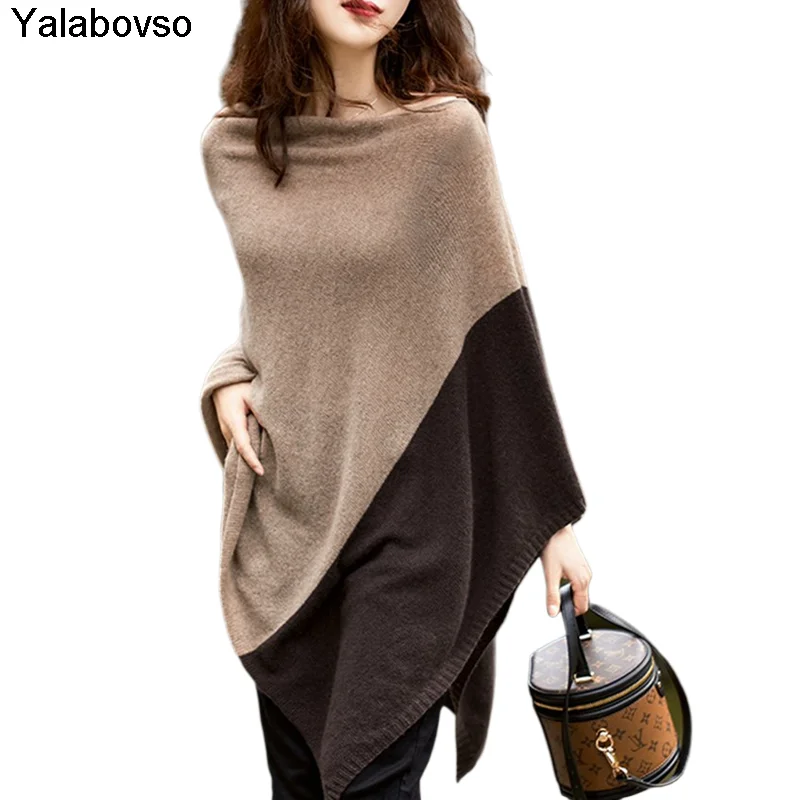 

OL Batwing Sleeves Tops Woman 2020 Autumn New Thin Multi Shape Scarf Shawl Design Khaki Contrast Sweater Keep Warm Yalabovso